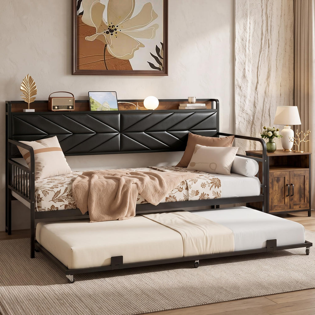 Black Metal Twin Daybed with Trundle and Storage Headboard T508859