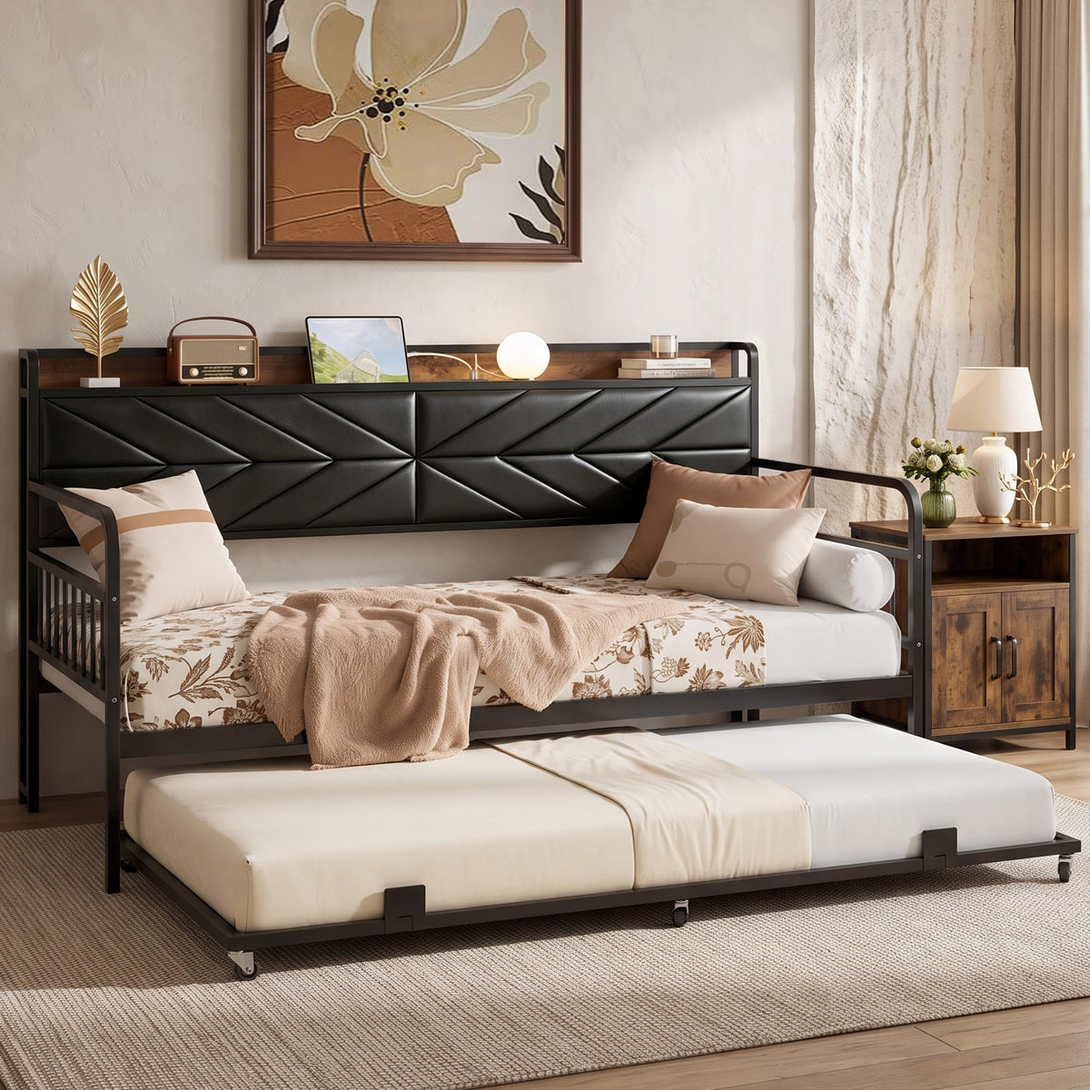 Black Metal Twin Daybed with Trundle and Storage Headboard T508859