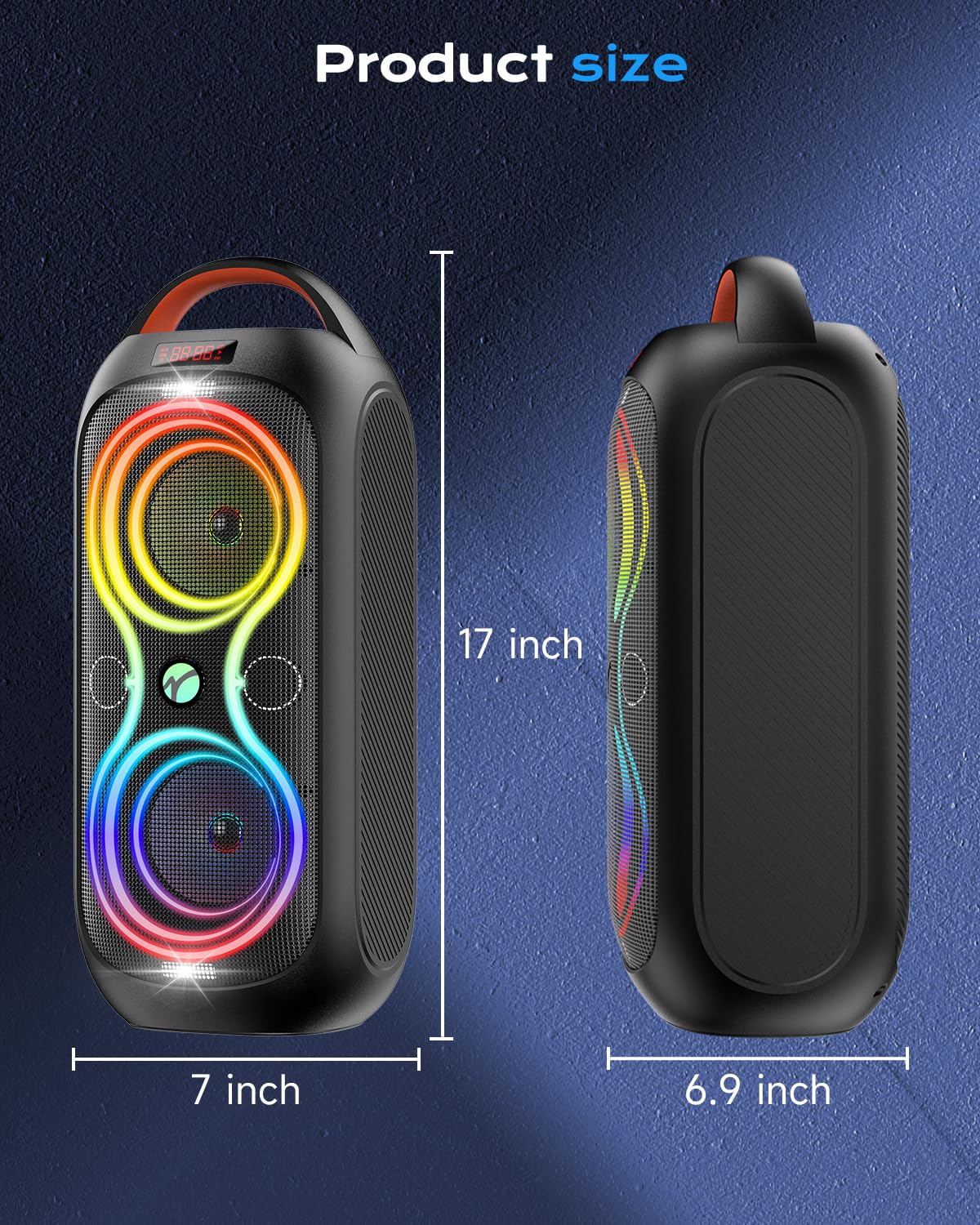 Party Bluetooth Speaker with Dual 4" Woofers, 60W Peak Power, 12H Playtime, Dynamic LED Lights, TWS, FM, AUX, USB, Mic Input, Portable Rechargeable Speaker for Indoor & Outdoor Events -Updated Version F26459