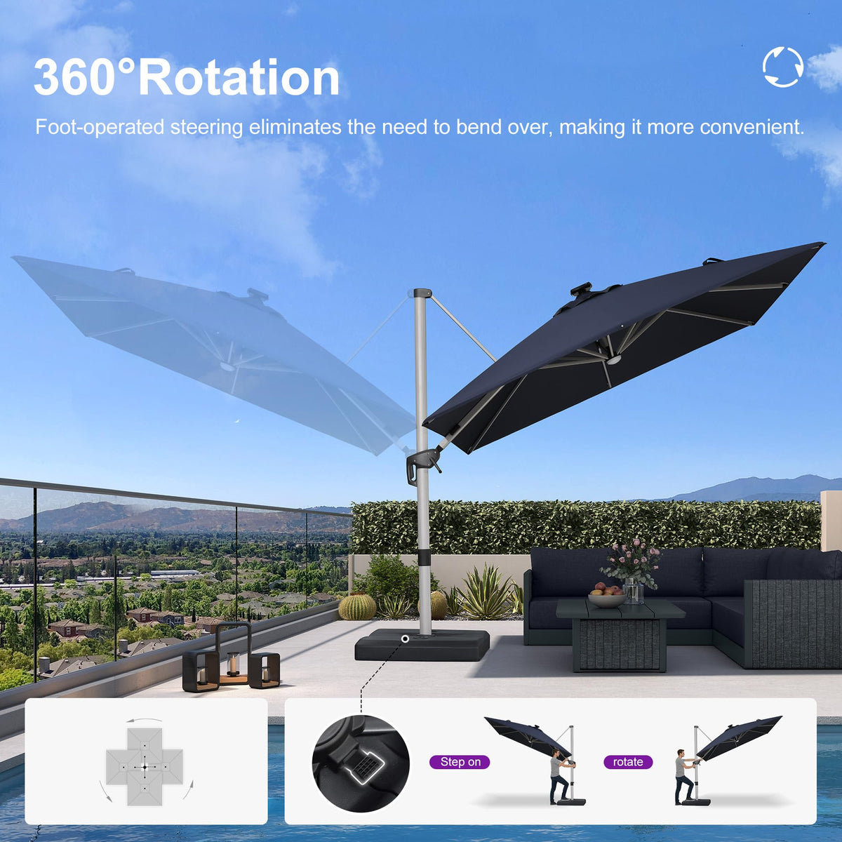 Navy Blue 10' X 10' Solar LED Patio Umbrella with Base C11678
