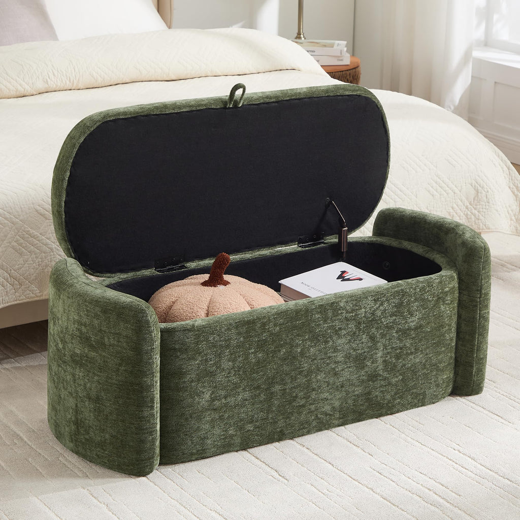 Green Chenille Upholstered Storage Ottoman Bench D664058