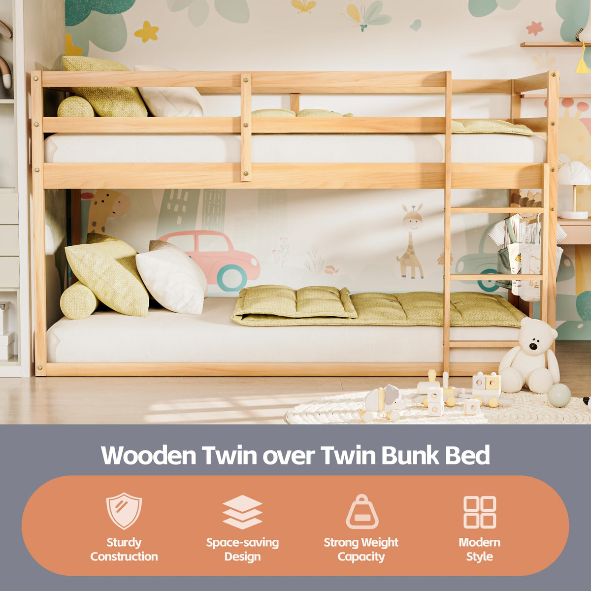 Twin Over Twin Low Bunk Bed with Ladder and Guardrails I8271