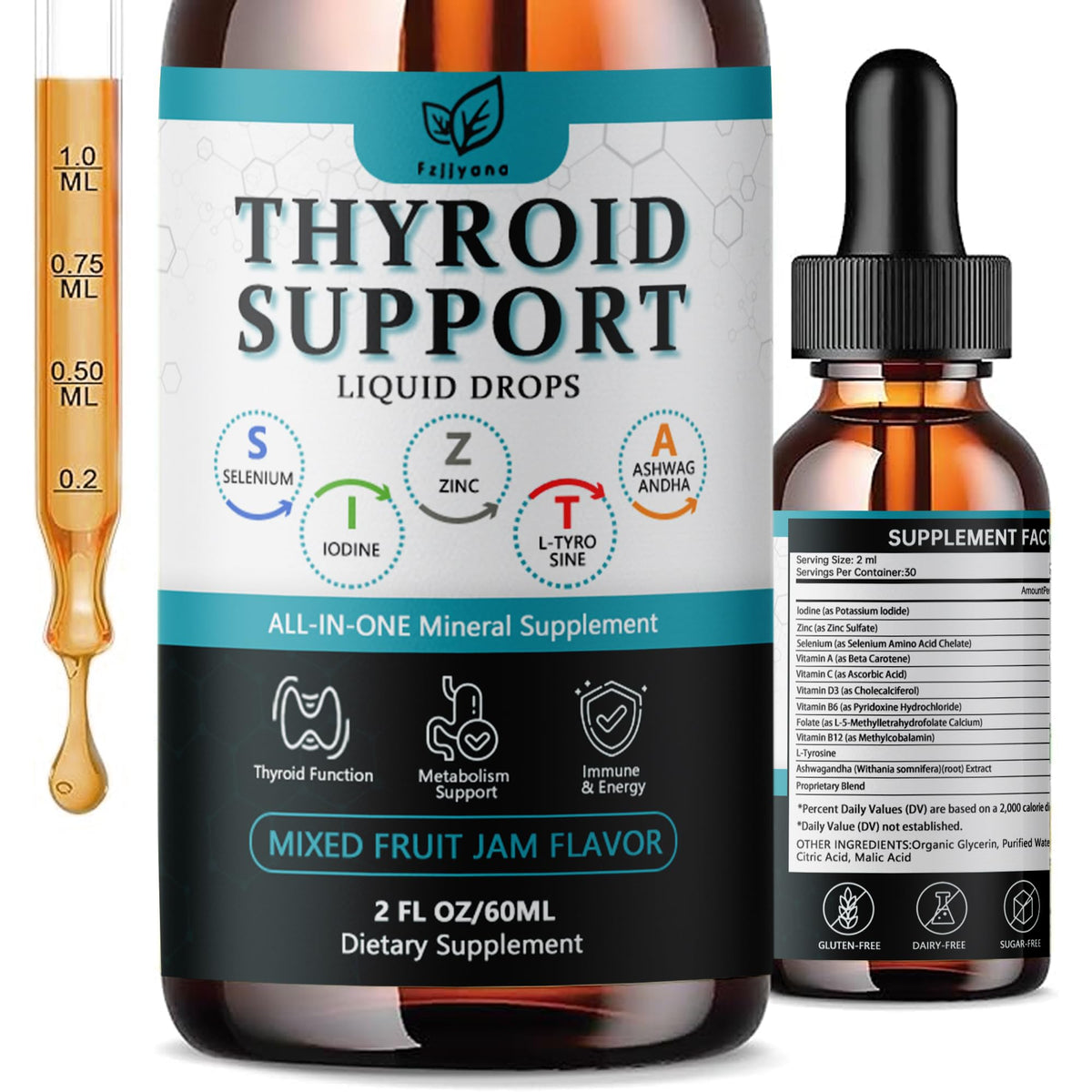 Liquid Thyroid Support Drops with Selenium Zinc Iodine L-Tyrosine Ashwagandha A611
