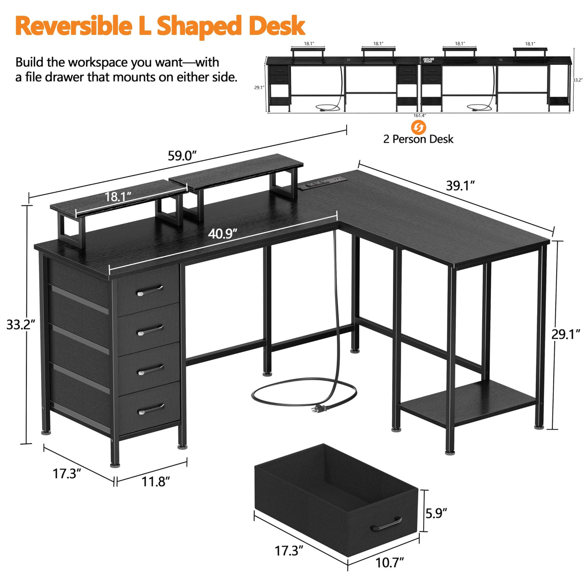 59 inch L Shaped Computer Desk with Power Outlets S4662