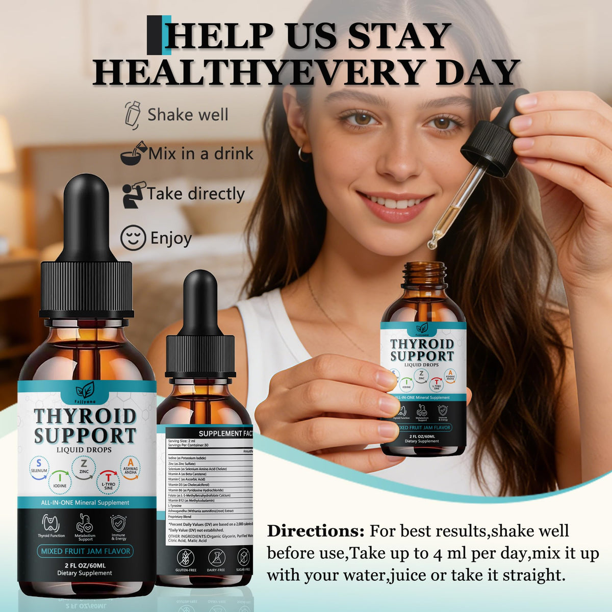 Liquid Thyroid Support Drops with Selenium Zinc Iodine L-Tyrosine Ashwagandha A611