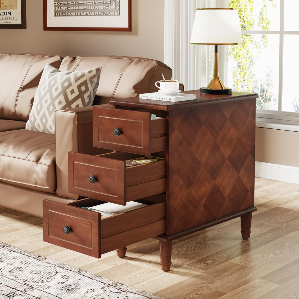 Fully Assembled Set of 2 Narrow 3 Drawer Brown End Table A395348