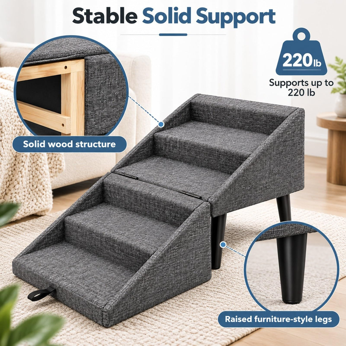 Foldable Dog Stairs Ottoman 2 in 1 Pet Steps with Storage B465