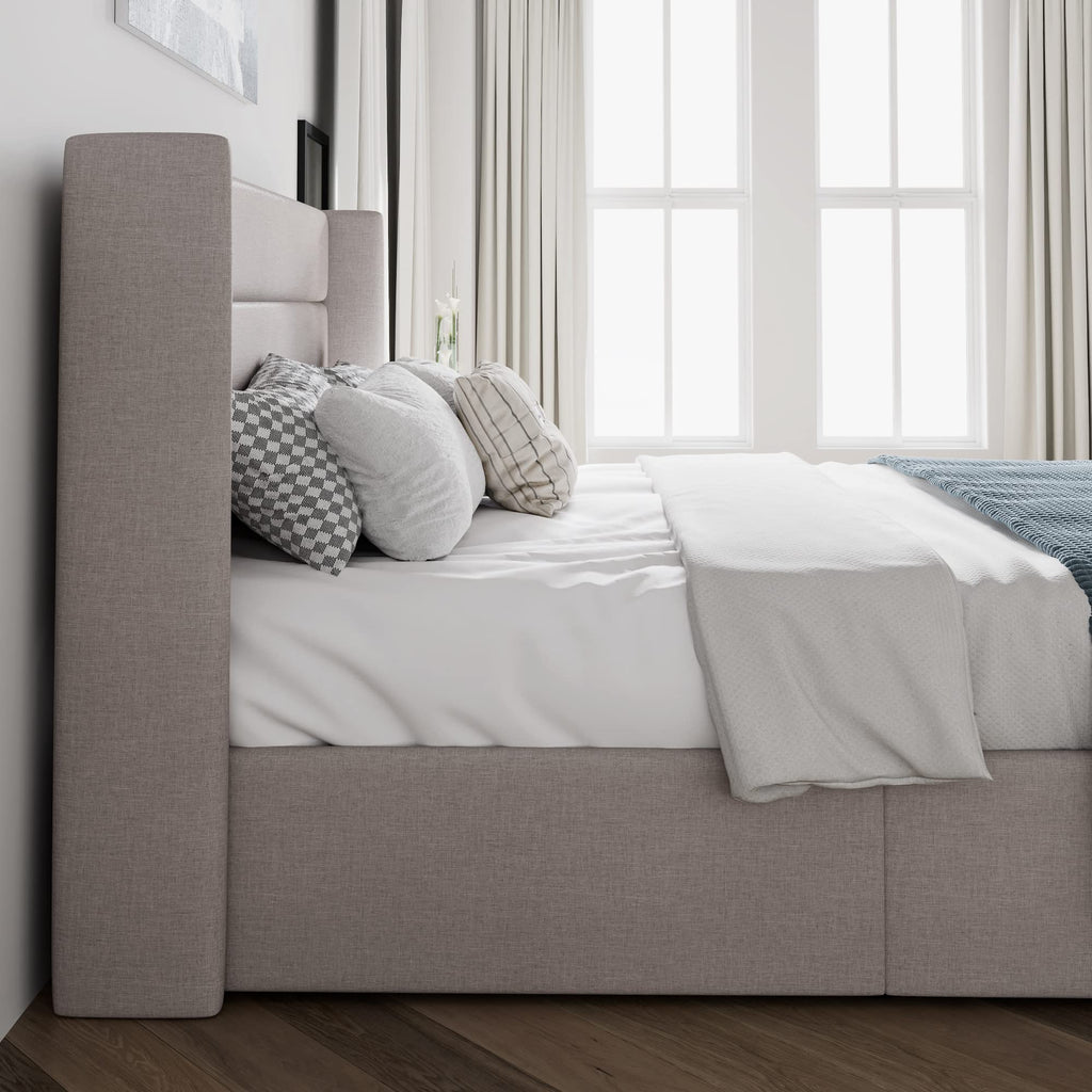 Queen Size Lift Up Hydraulic Storage Bed Frame Light Beige Y3905