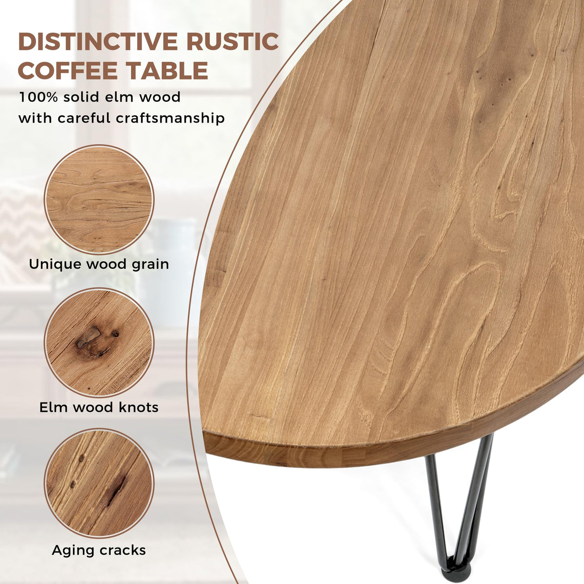 Rustic Wood Round Coffee Table with Metal Legs W29635
