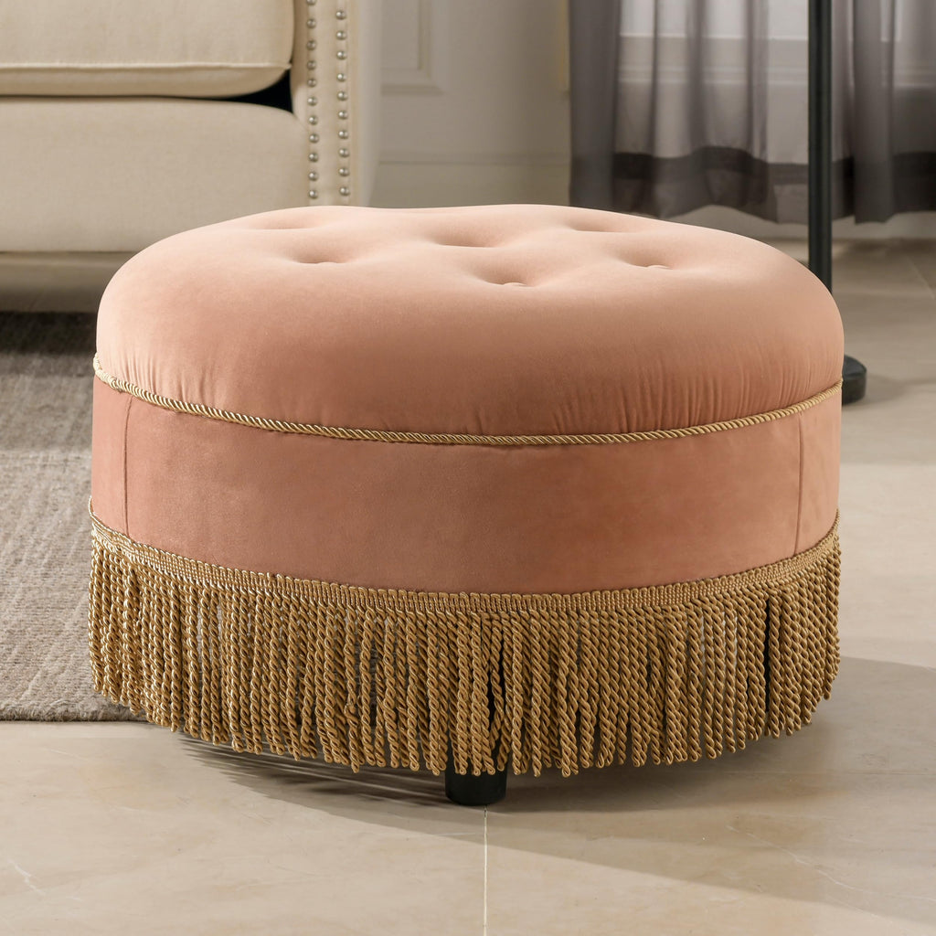 24" Orange Velvet Round Tufted Ottoman F36811