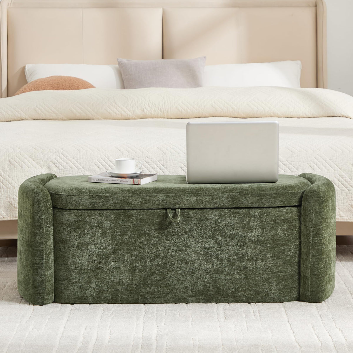 Green Chenille Upholstered Storage Ottoman Bench D664058