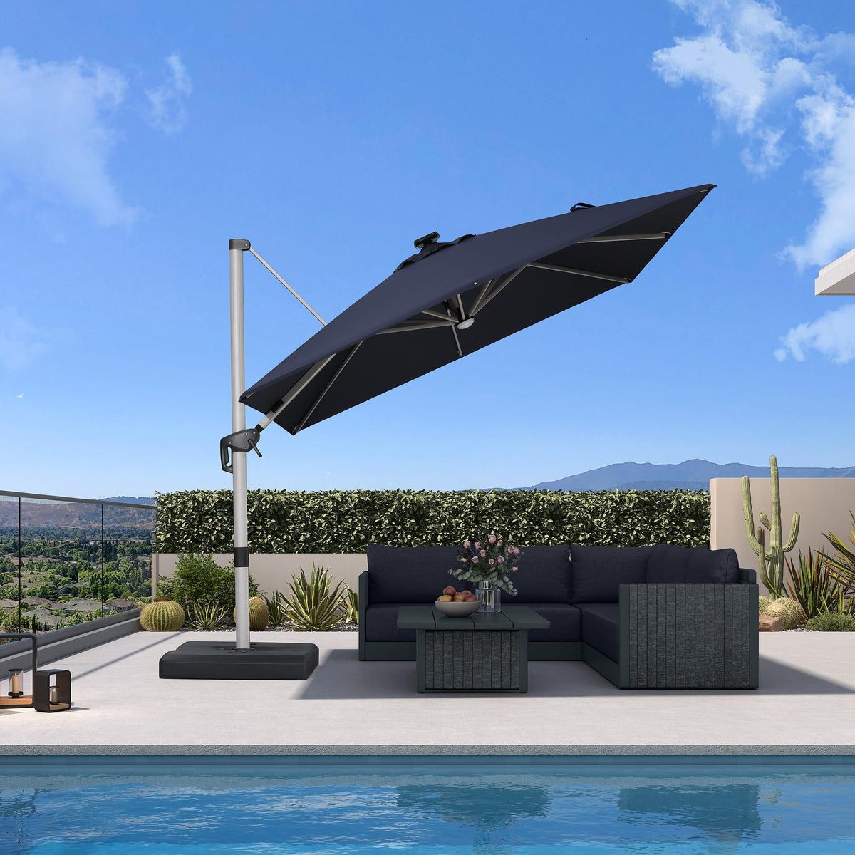 Navy Blue 10' X 10' Solar LED Patio Umbrella with Base C11678