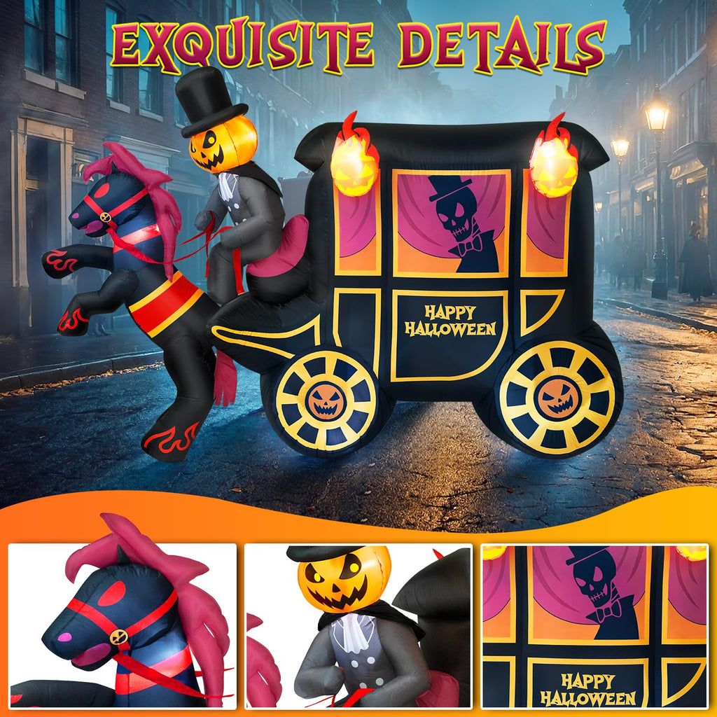 10FT Halloween Inflatable Pumpkin-Headed Horse Carriage with LED Light X4443