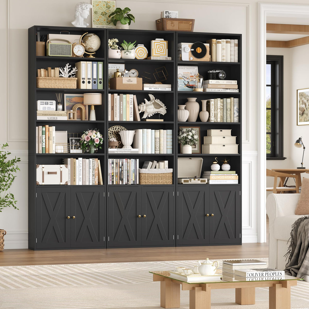 82" Tall Black Bookcase with Doors X830759