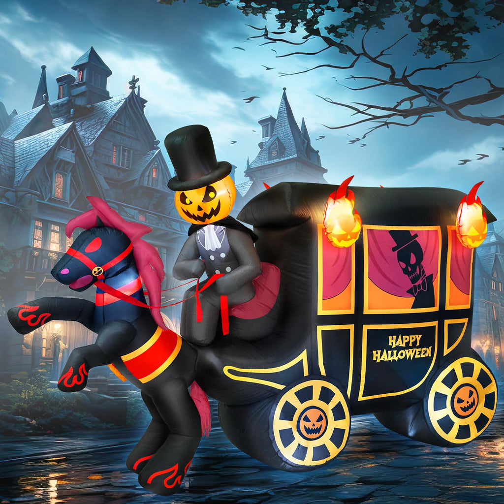 10FT Halloween Inflatable Pumpkin-Headed Horse Carriage with LED Light X4443