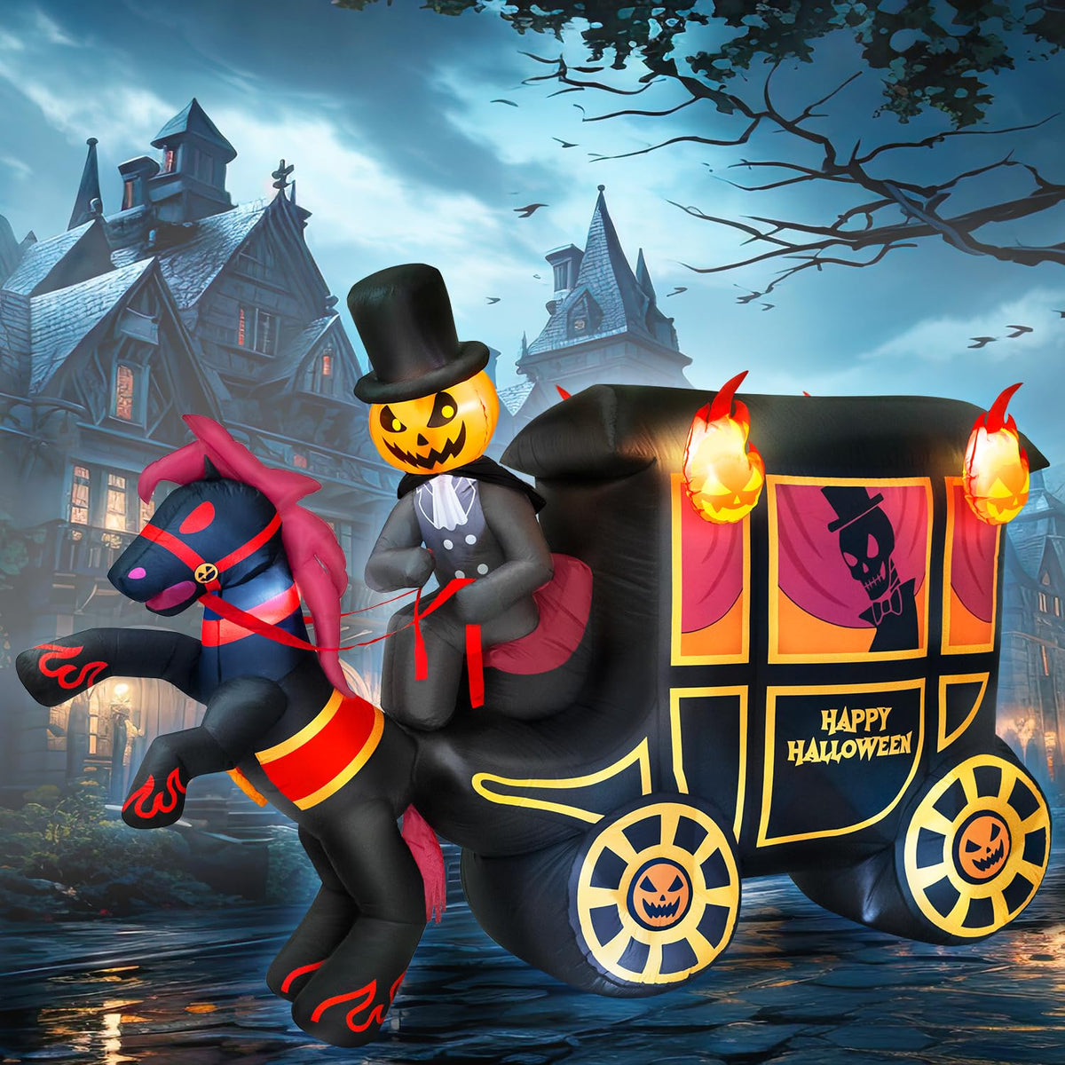 10FT Halloween Inflatable Pumpkin-Headed Horse Carriage with LED Light X4443