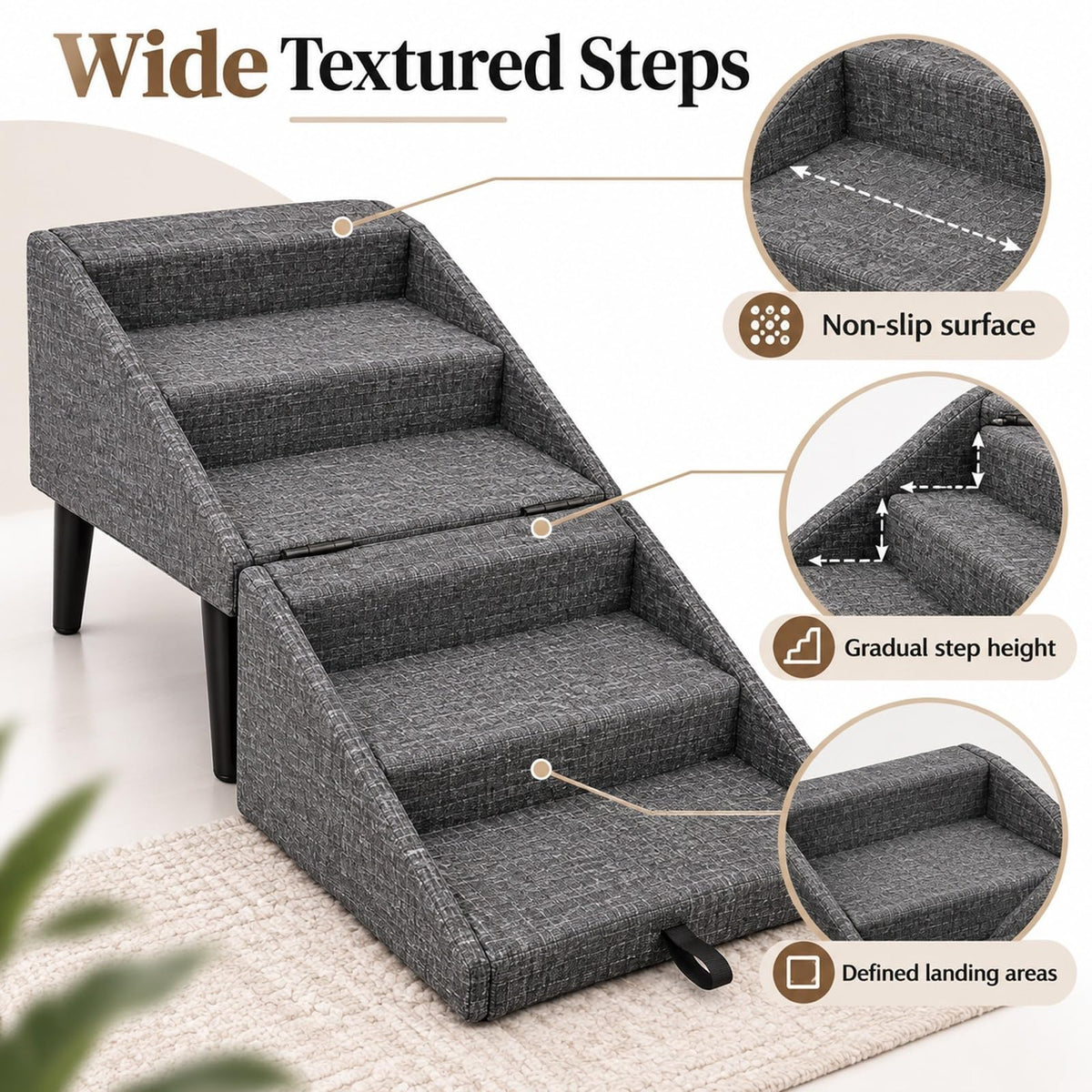 Foldable Dog Stairs Ottoman 2 in 1 Pet Steps with Storage B465
