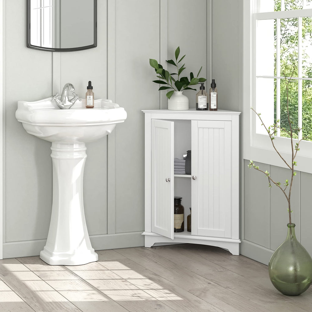 White Corner Bathroom Cabinet with Doors and Adjustable Shelf J711