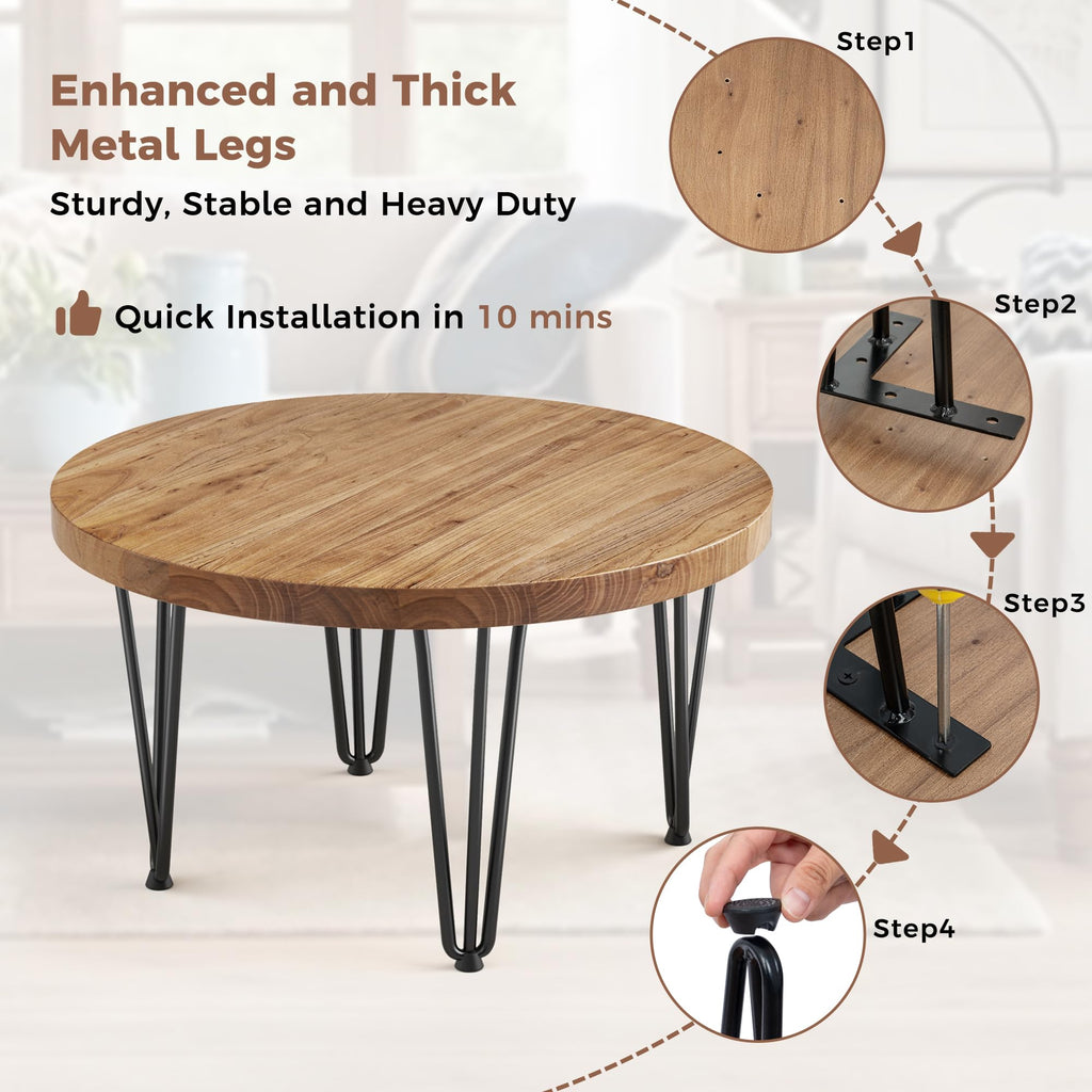 Rustic Wood Round Coffee Table with Metal Legs W29635