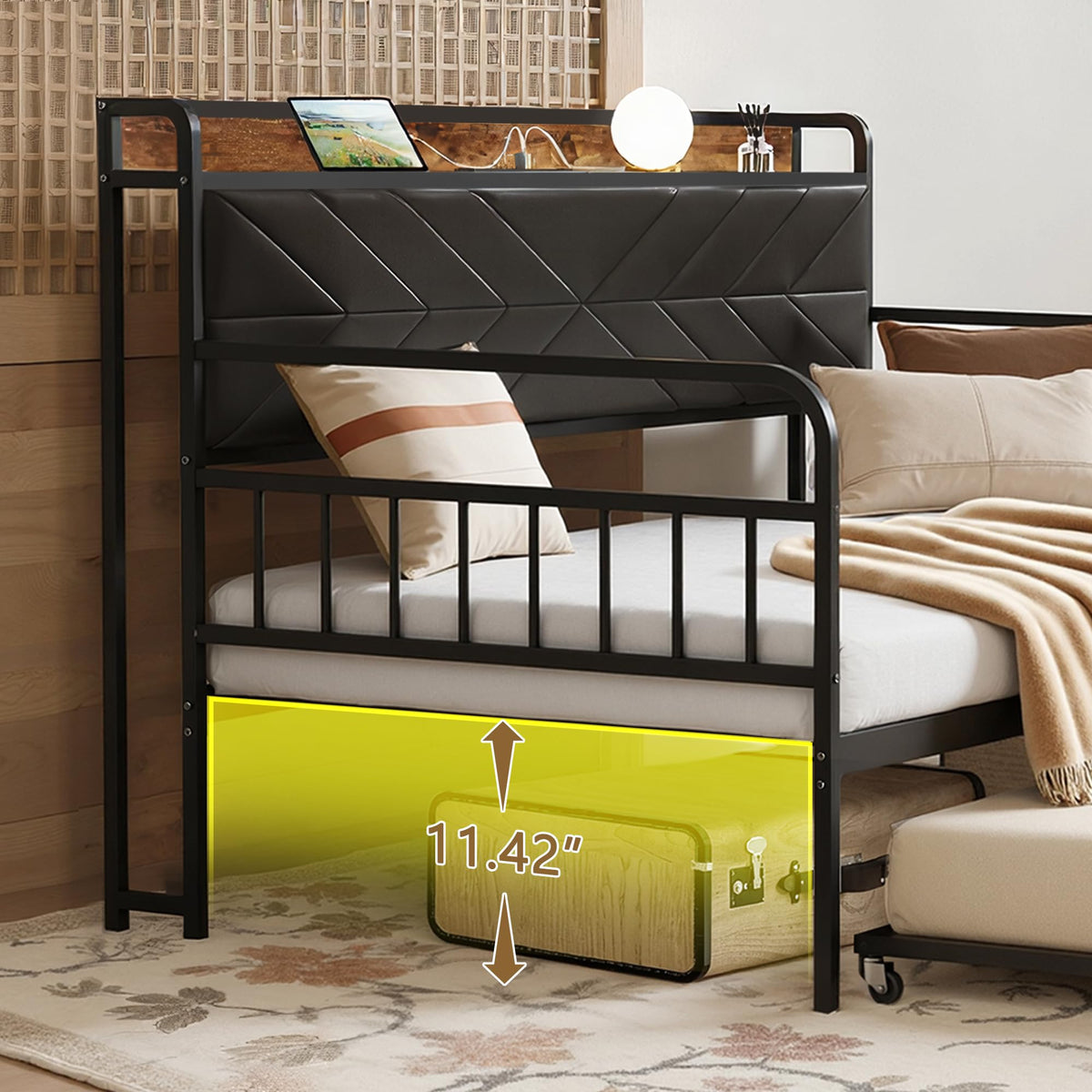 Black Metal Twin Daybed with Trundle and Storage Headboard T508859