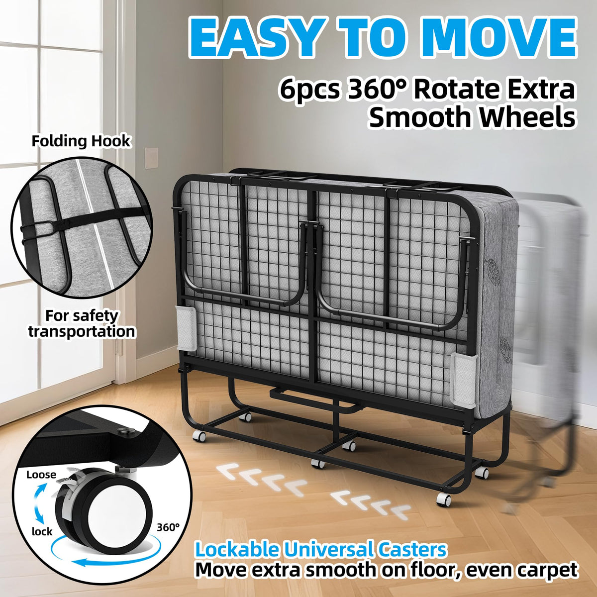 Folding Bed with Mattress Full Size 75 X 54 inch Memory Foam on Wheels R20959