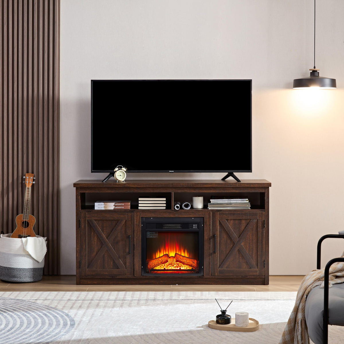 Farmhouse TV Media Stand with 18" Fireplace Insert and Cabinets, Espresso O541559
