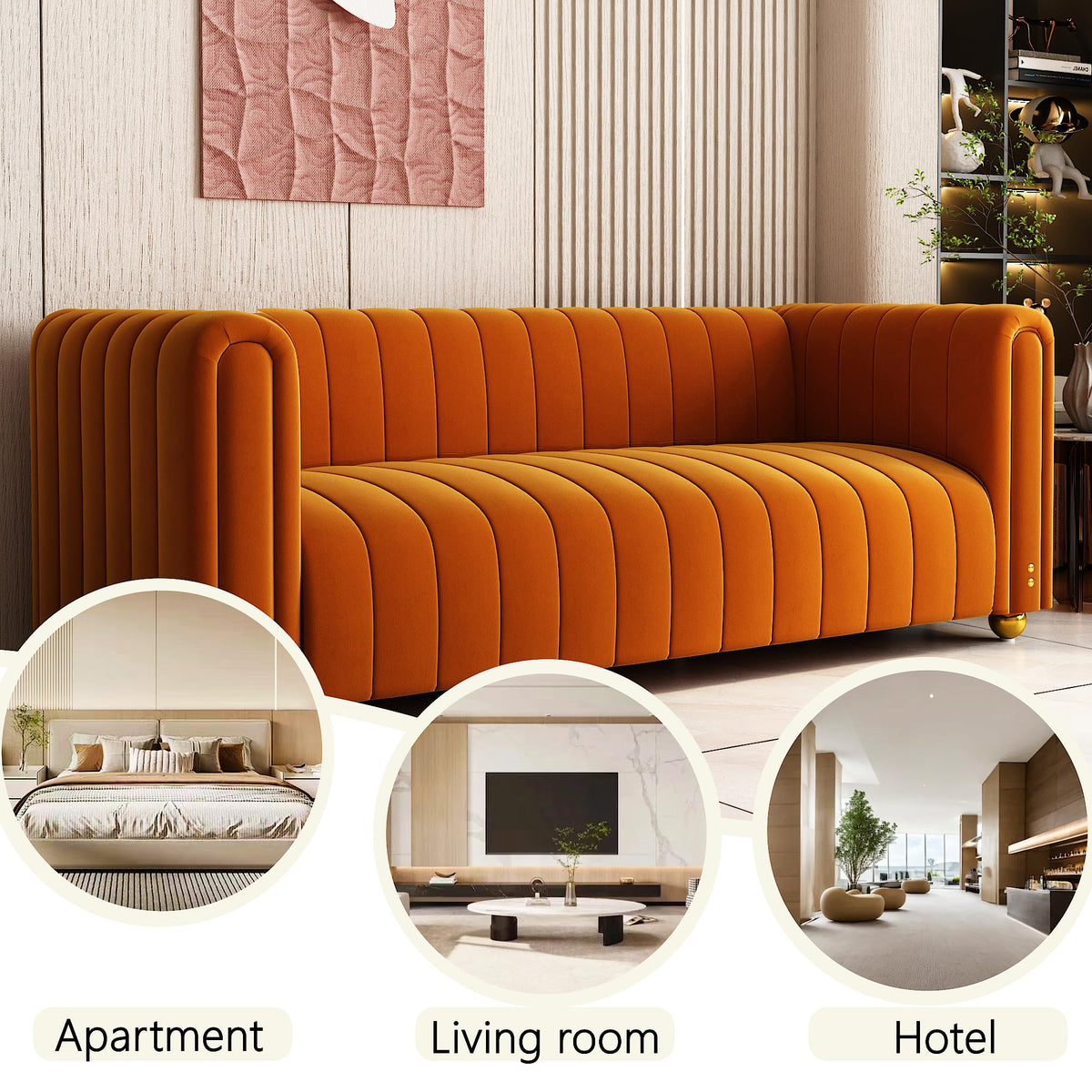 81" Orange Velvet Tufted Sofa 3 Seater with Metal Legs I4388
