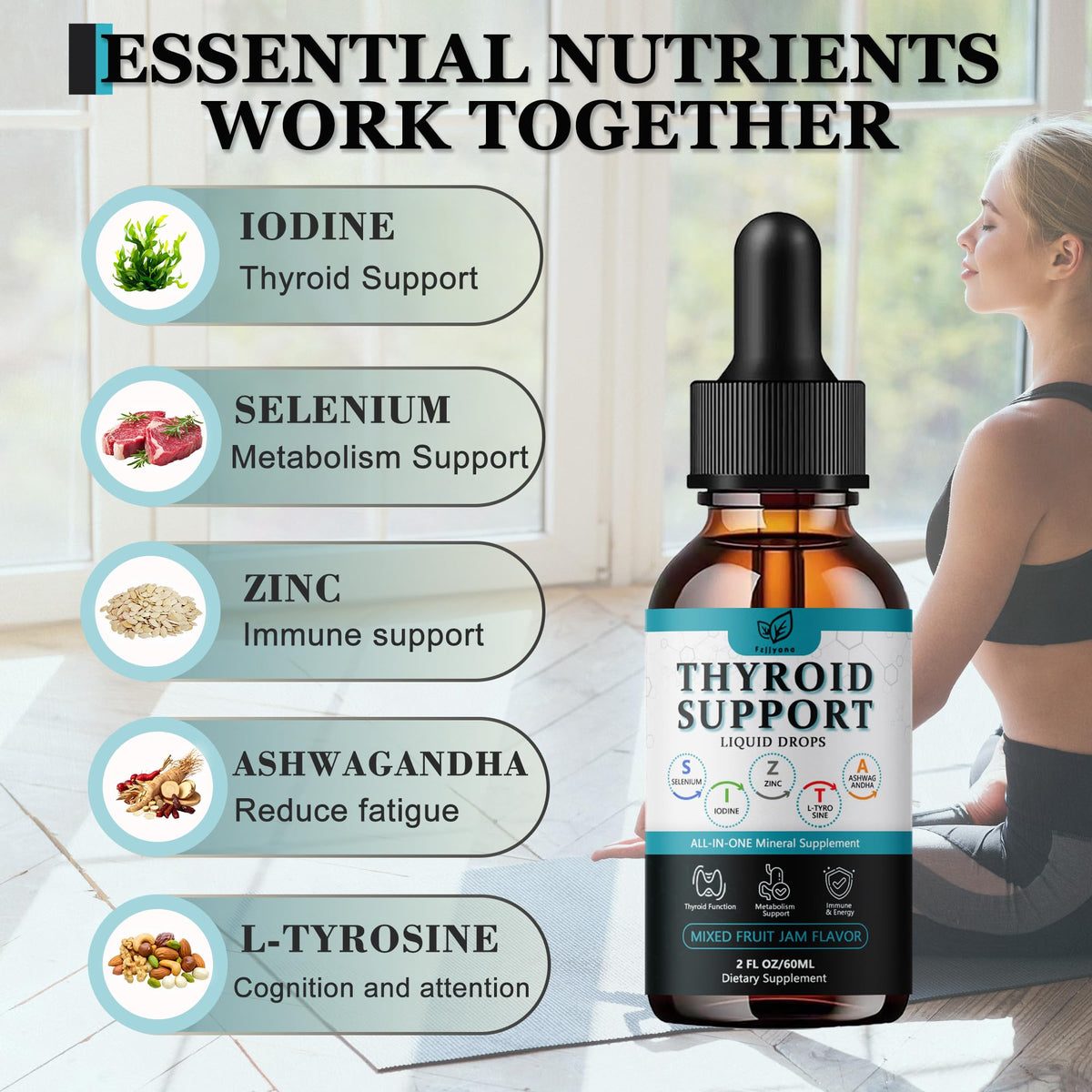 Liquid Thyroid Support Drops with Selenium Zinc Iodine L-Tyrosine Ashwagandha A611