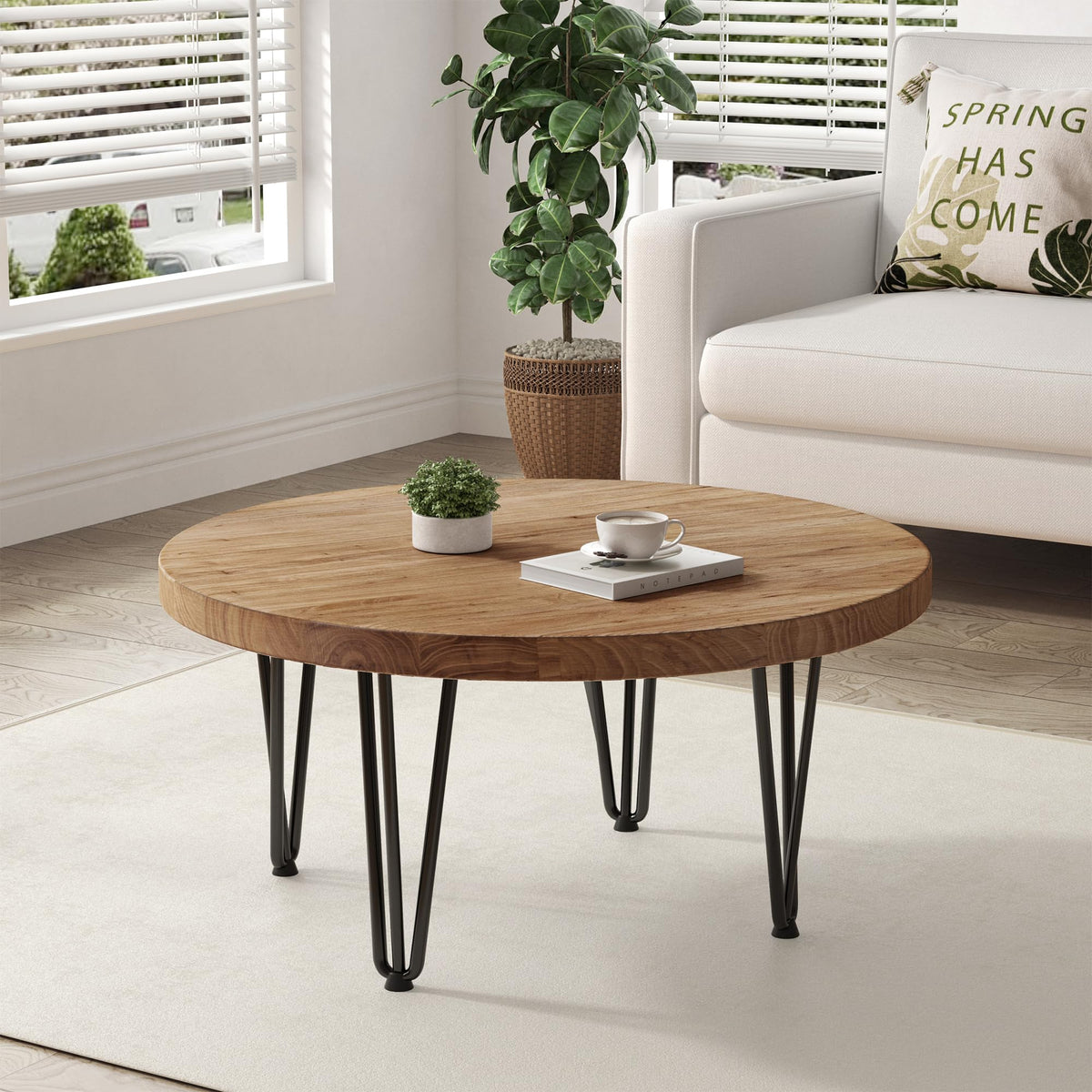 Rustic Wood Round Coffee Table with Metal Legs W29635