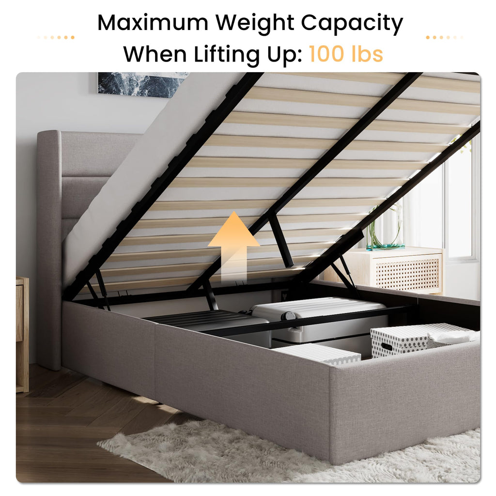 Queen Size Lift Up Hydraulic Storage Bed Frame Light Beige Y3905