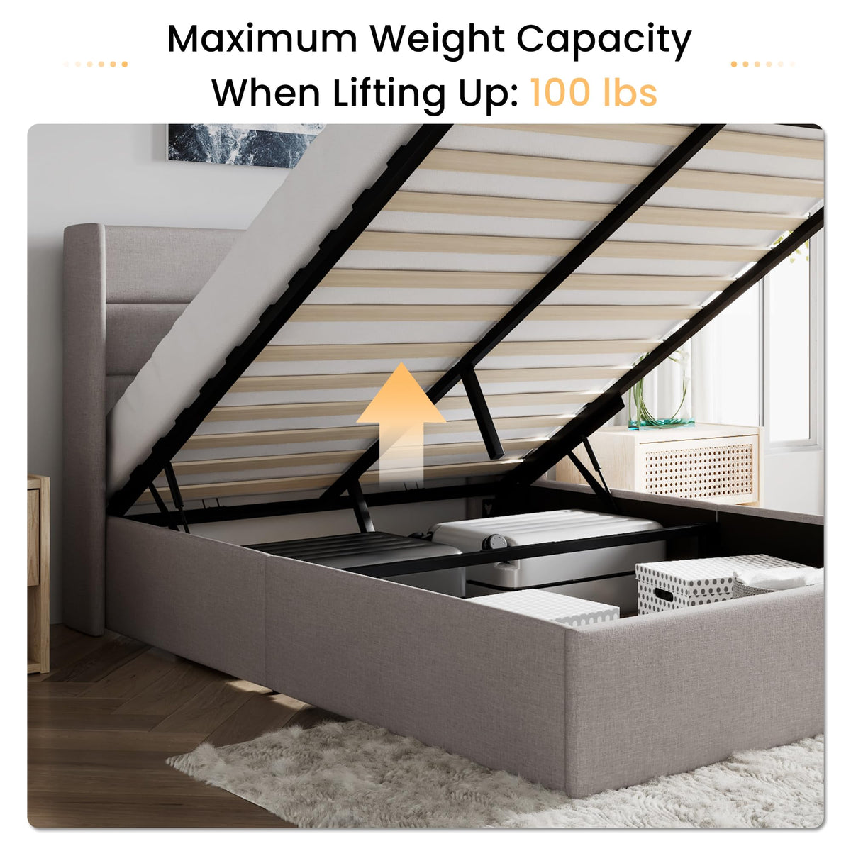 Queen Size Lift Up Hydraulic Storage Bed Frame Light Beige Y3905