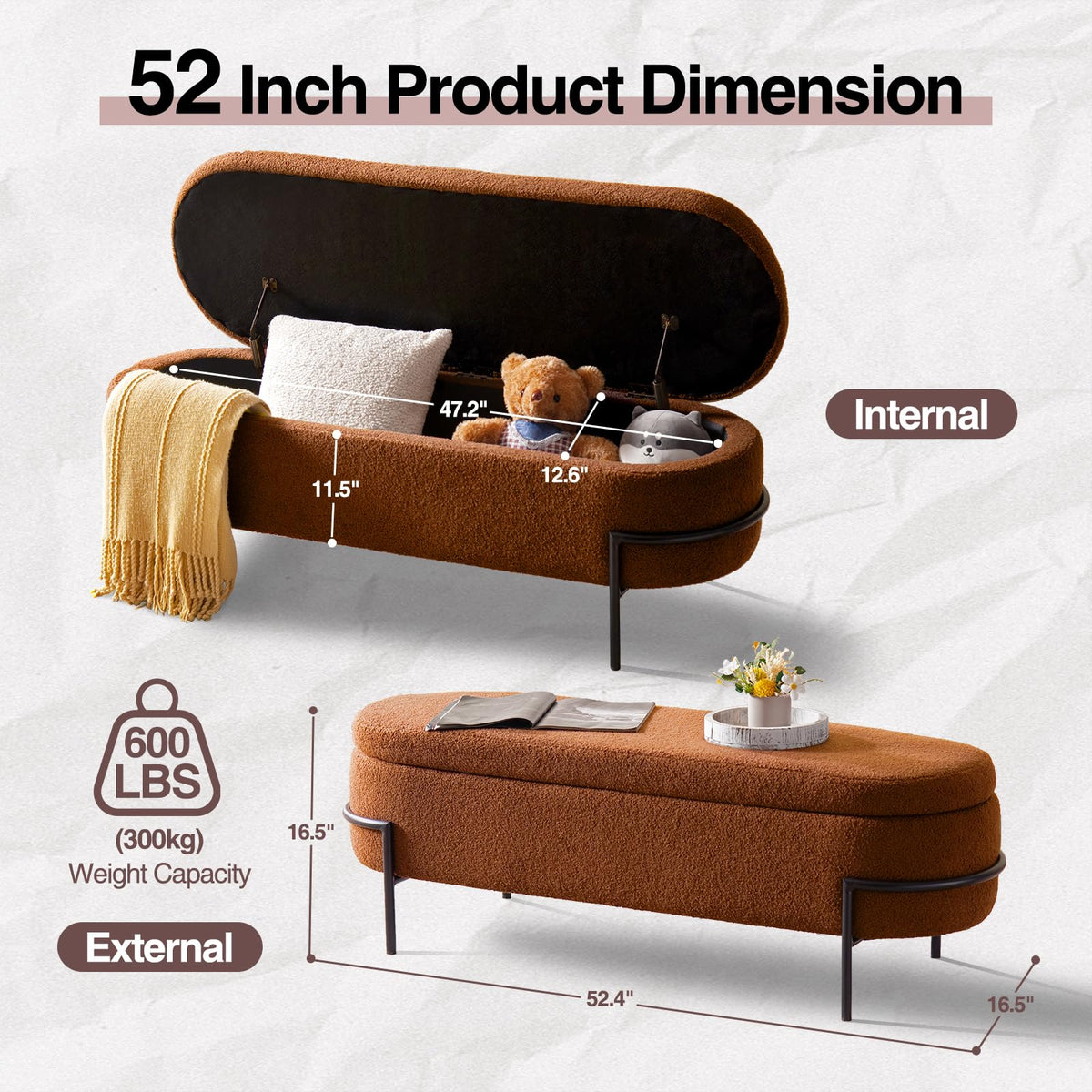 52 Inch Sherpa Storage Ottoman Bench G617331