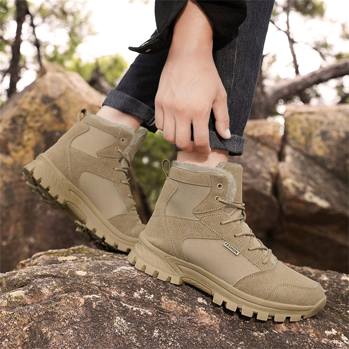 Mid Top Fur Lined Suede Leather Waterproof Military Tactical Boots Q81282