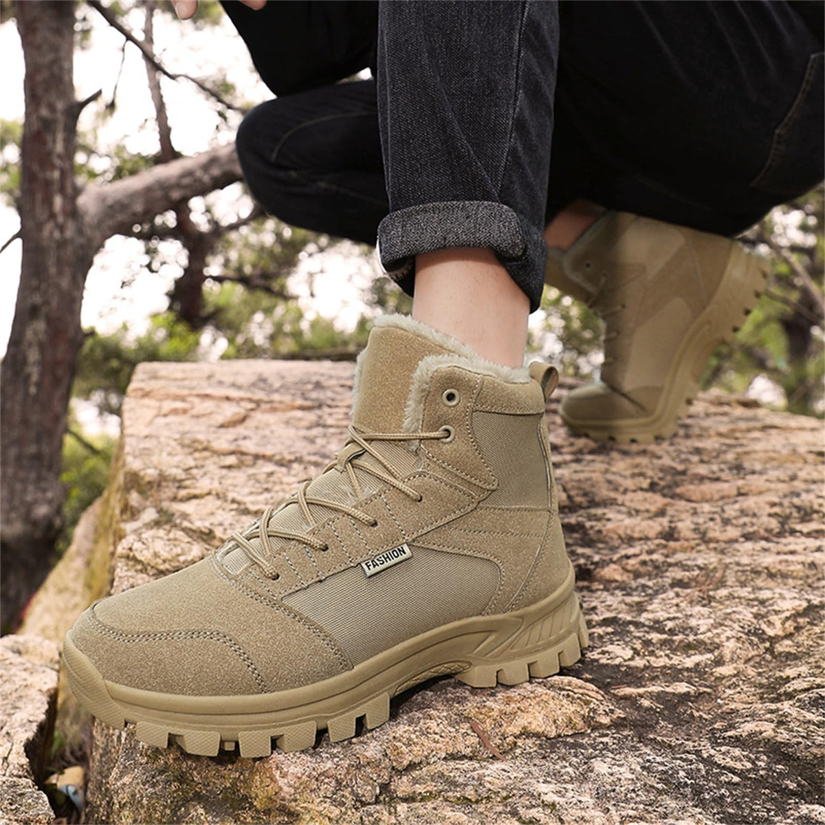 Mid Top Fur Lined Suede Leather Waterproof Military Tactical Boots Q81282