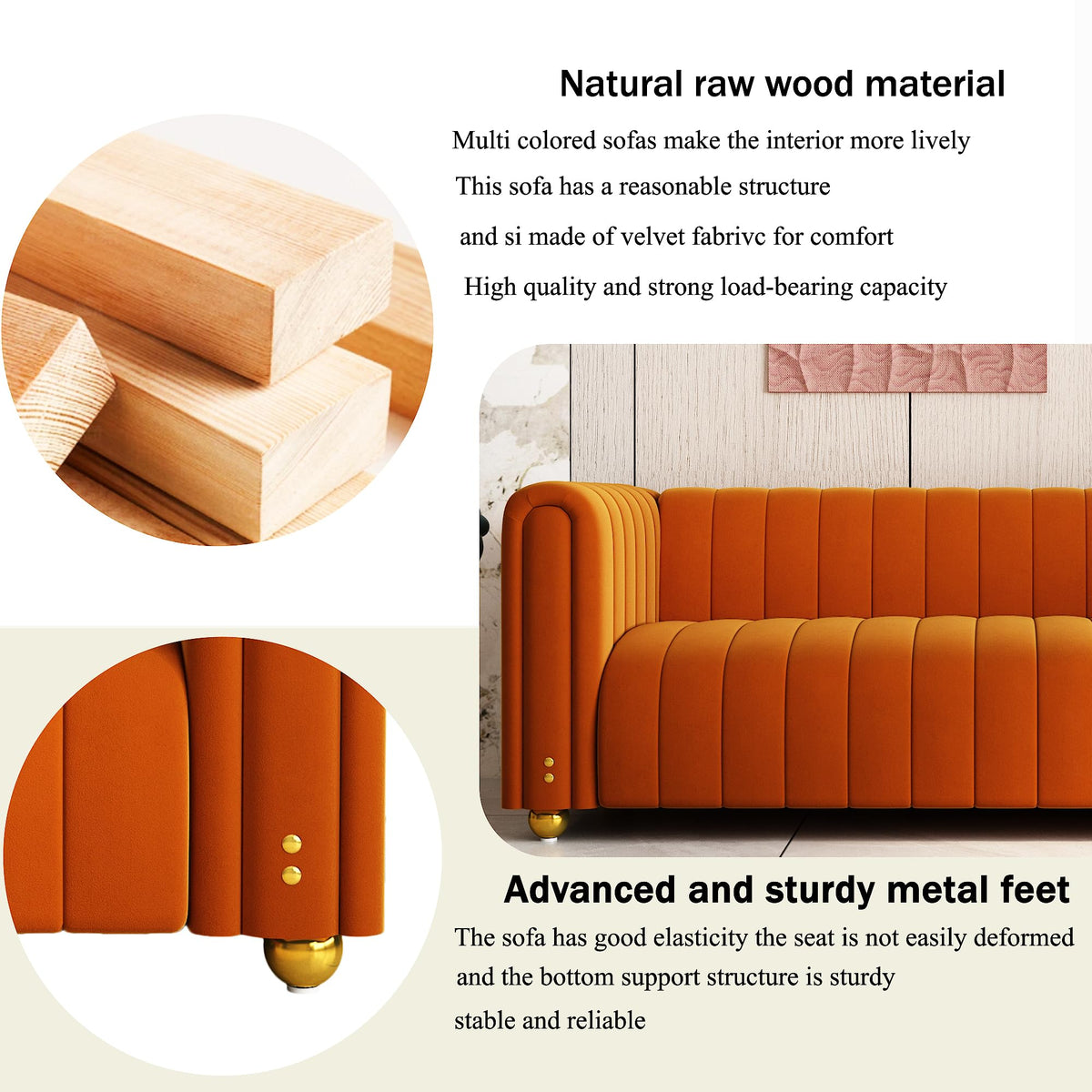 81" Orange Velvet Tufted Sofa 3 Seater with Metal Legs I4388