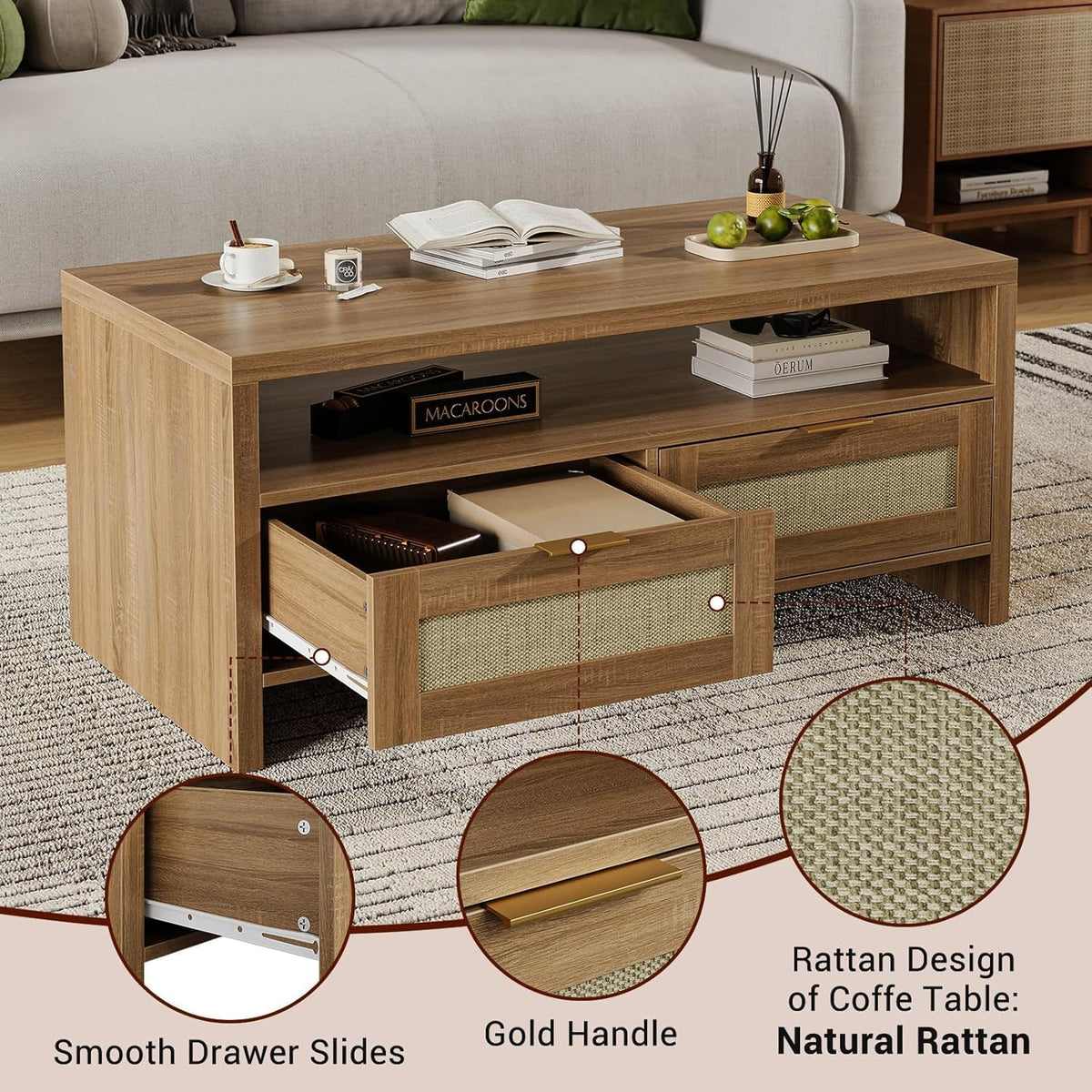 40” Boho Rattan Coffee Table with Storage J713