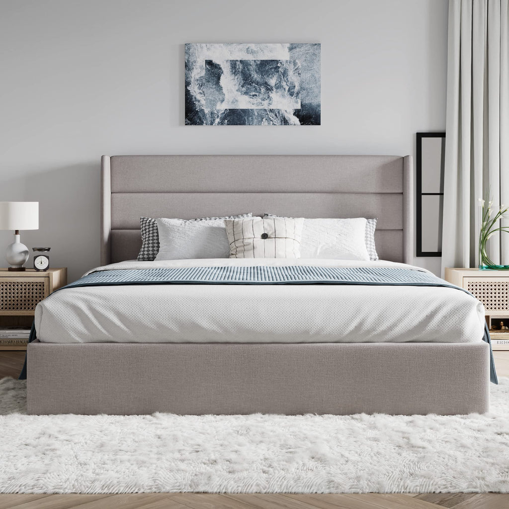 Queen Size Lift Up Hydraulic Storage Bed Frame Light Beige Y3905