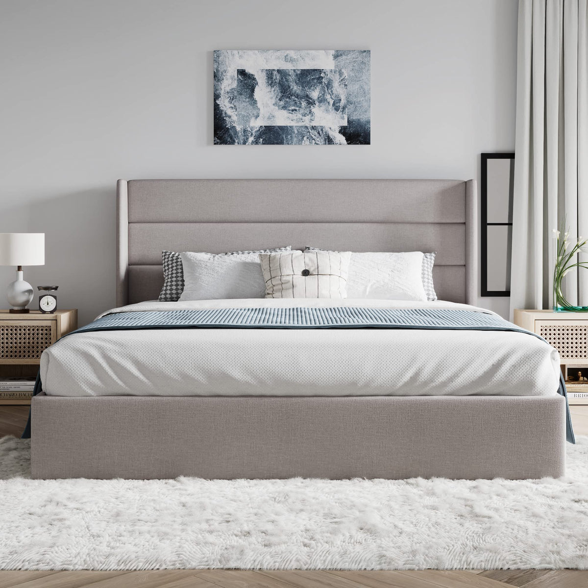 Queen Size Lift Up Hydraulic Storage Bed Frame Light Beige Y3905