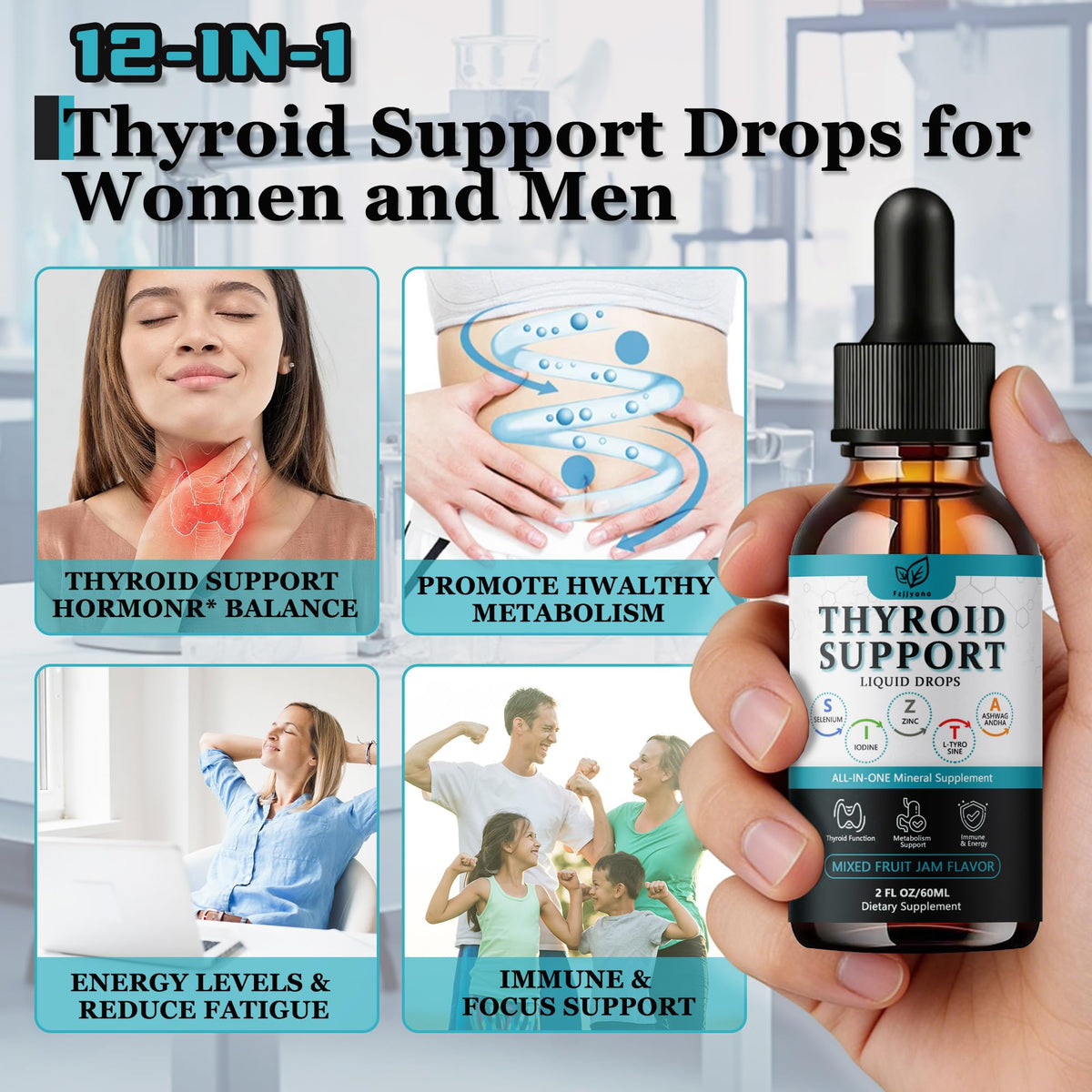Liquid Thyroid Support Drops with Selenium Zinc Iodine L-Tyrosine Ashwagandha A611