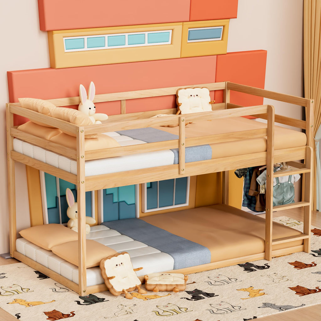 Twin Over Twin Low Bunk Bed with Ladder and Guardrails I8271