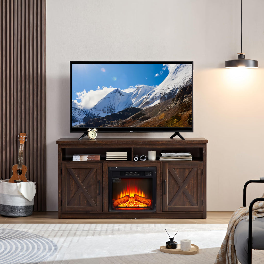 Farmhouse TV Media Stand with 18" Fireplace Insert and Cabinets, Espresso O541559