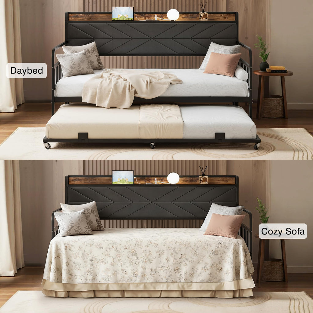Black Metal Twin Daybed with Trundle and Storage Headboard T508859