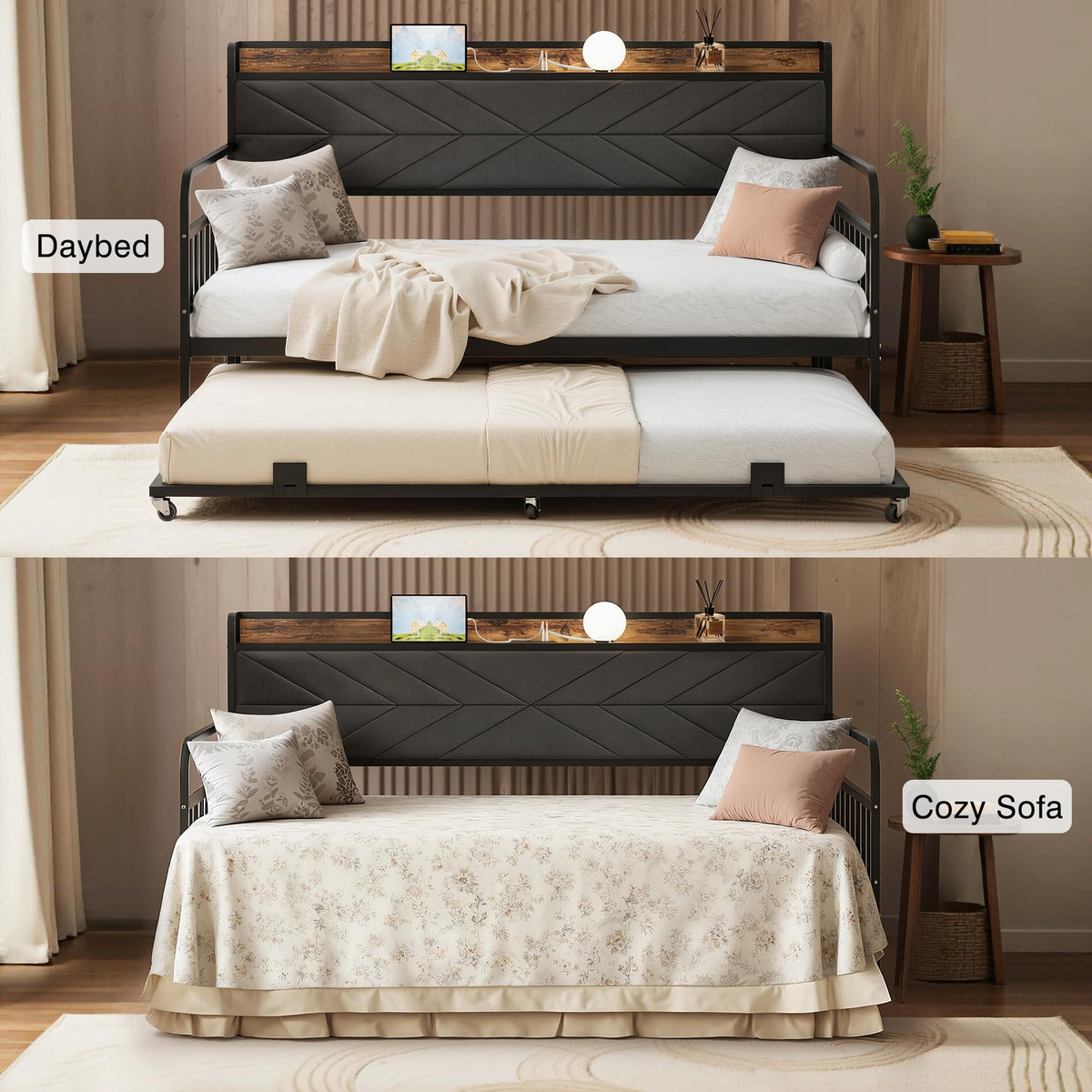 Black Metal Twin Daybed with Trundle and Storage Headboard T508859