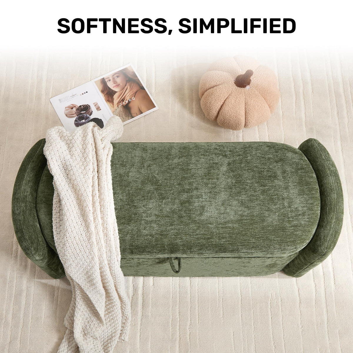 Green Chenille Upholstered Storage Ottoman Bench D664058