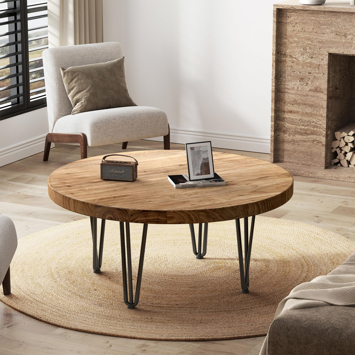Rustic Wood Round Coffee Table with Metal Legs W29635