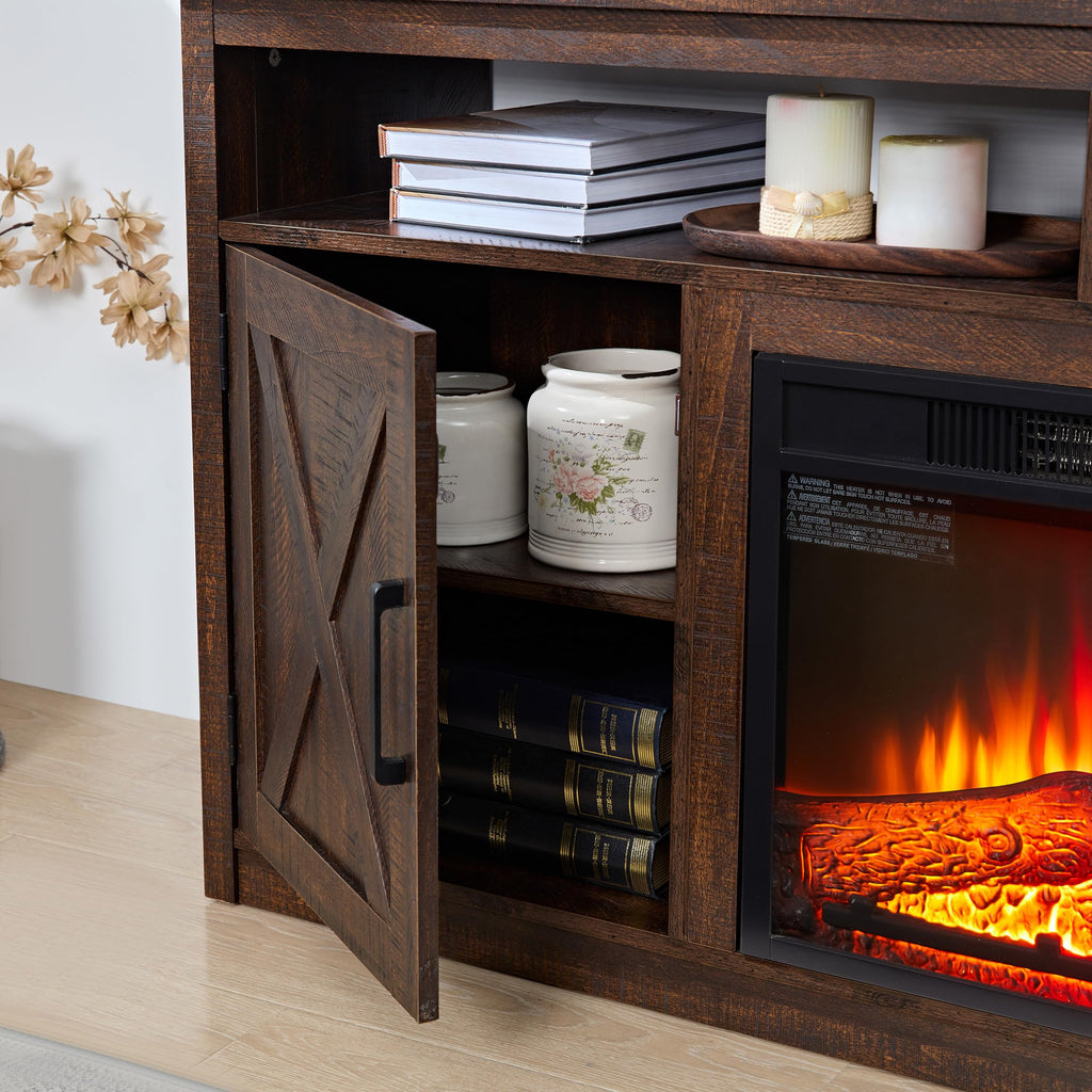 Farmhouse TV Media Stand with 18" Fireplace Insert and Cabinets, Espresso O541559