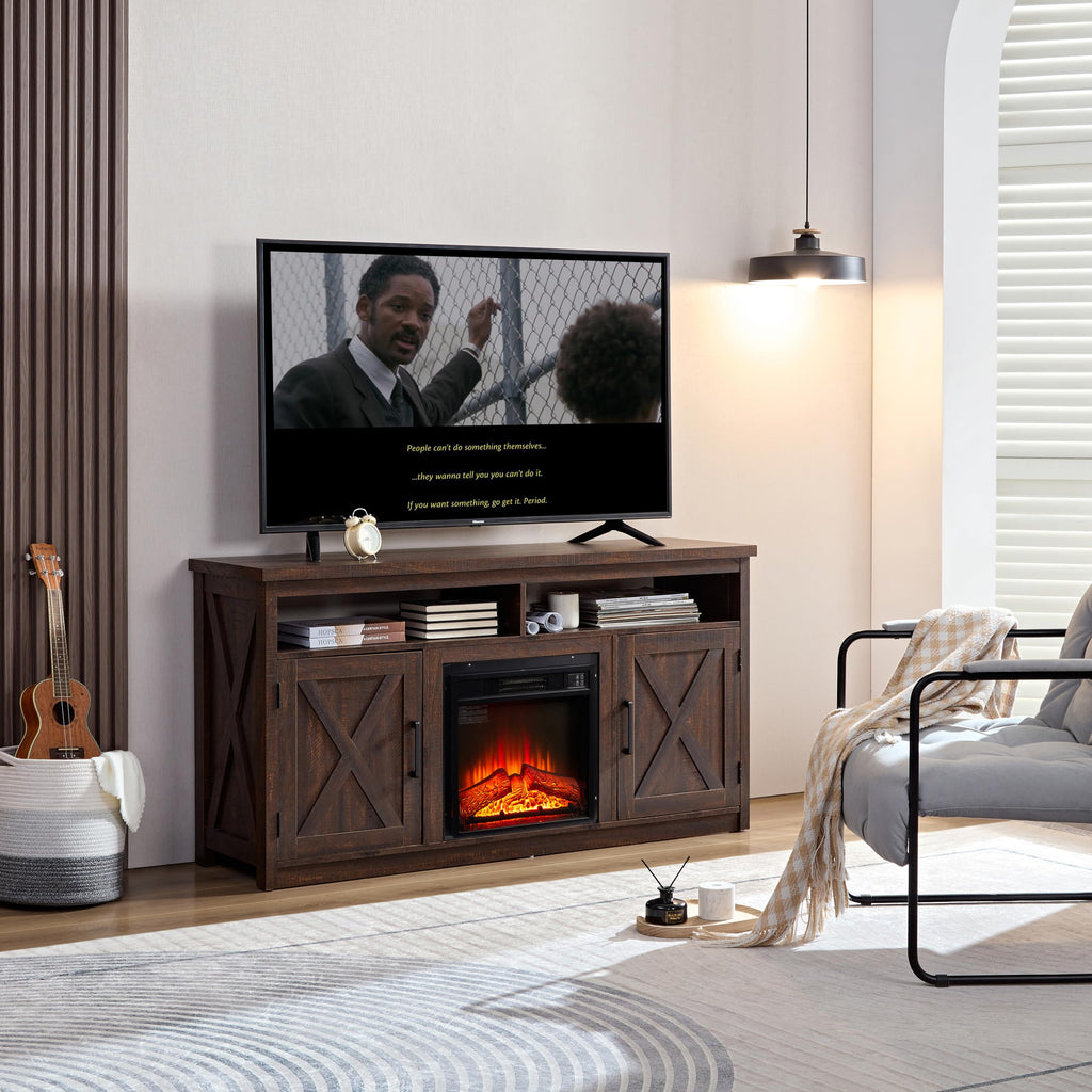 Farmhouse TV Media Stand with 18" Fireplace Insert and Cabinets, Espresso O541559