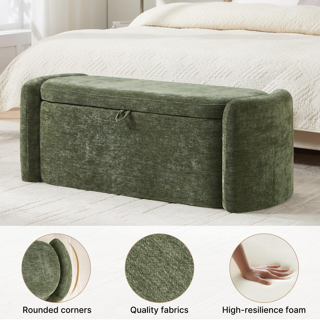 Green Chenille Upholstered Storage Ottoman Bench D664058