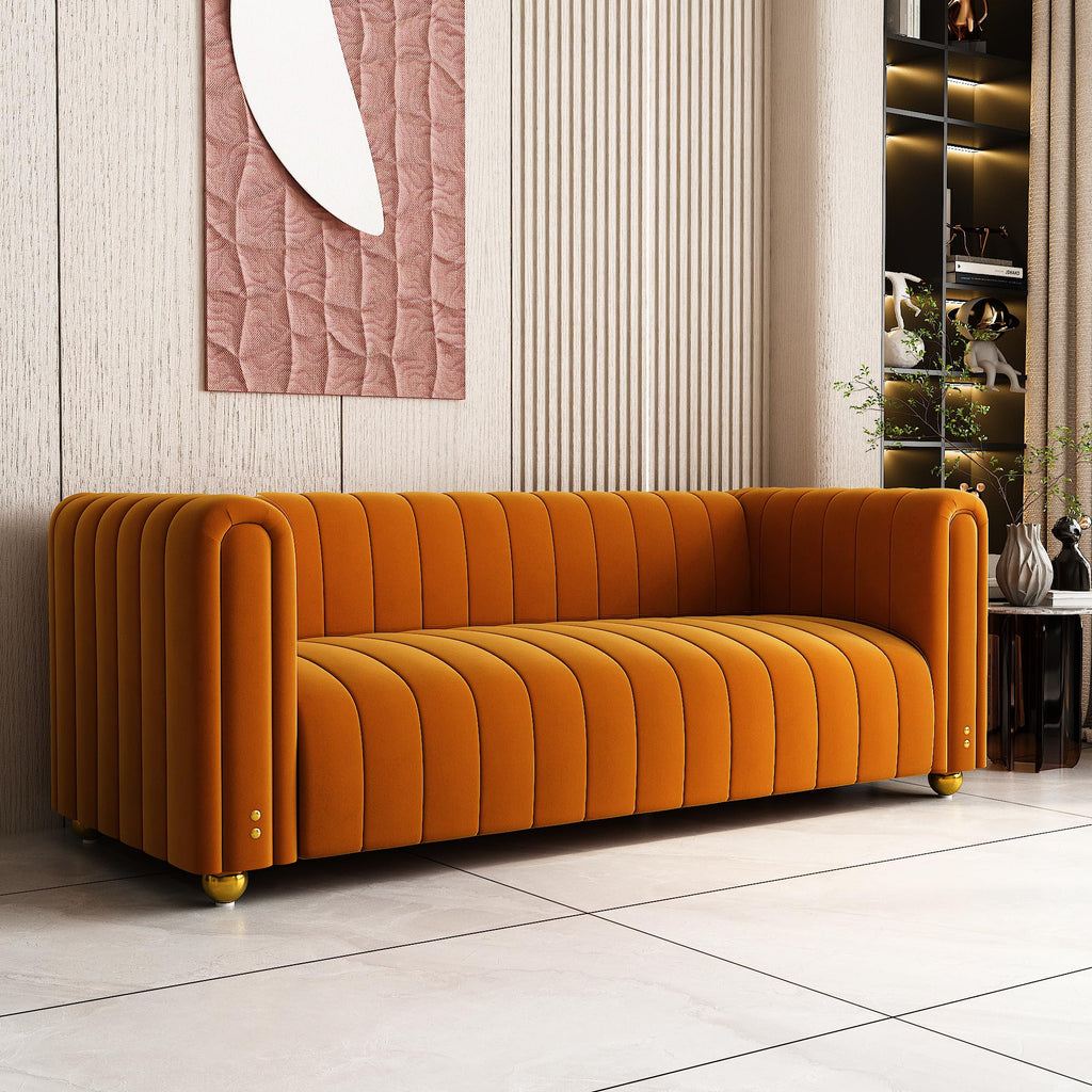 81" Orange Velvet Tufted Sofa 3 Seater with Metal Legs I4388
