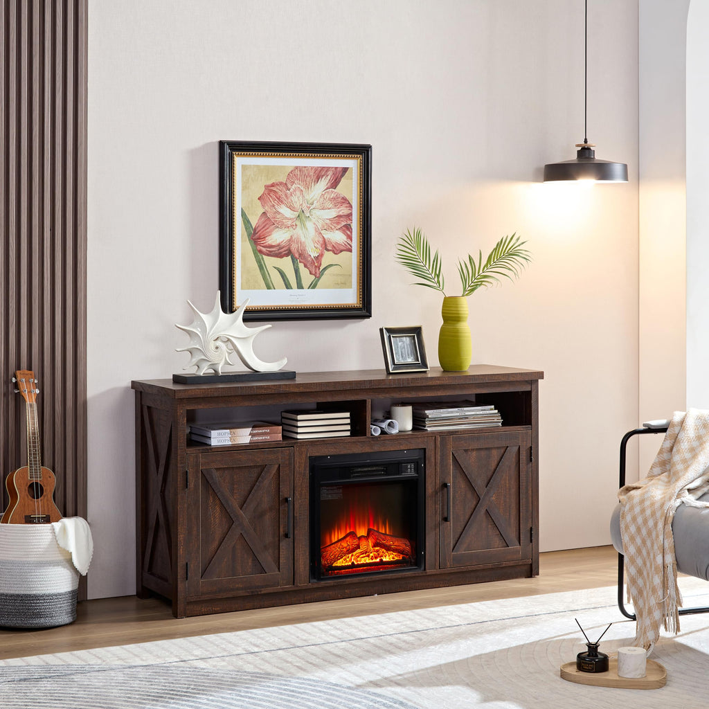 Farmhouse TV Media Stand with 18" Fireplace Insert and Cabinets, Espresso O541559
